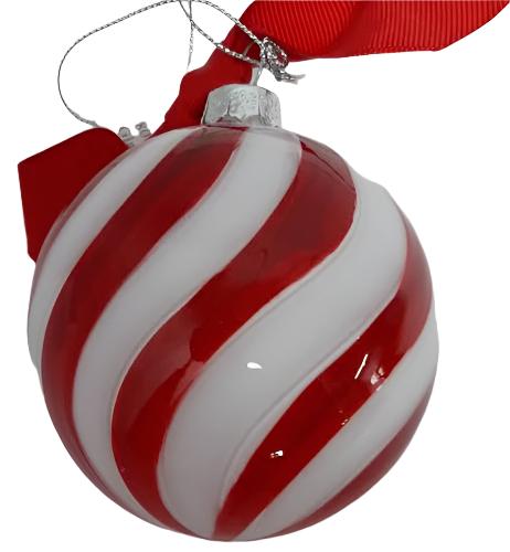 Glass Christmas Ornament-3.5" Red, White,Swirl-Ball 