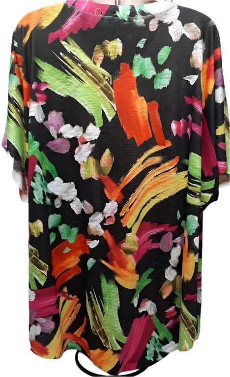 Jess & Jane 60-1674 Blossom Black/Multi Color Pullover V Neck 1/4 Sleeve Women's 