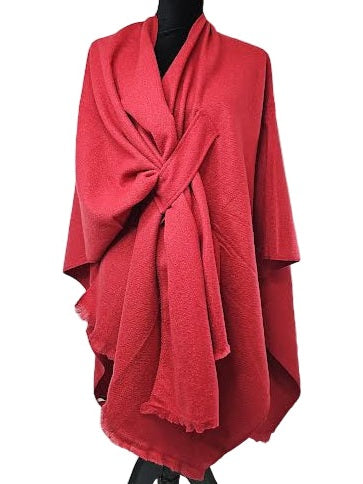 Wrap Cozy Solid Loop Through Ruana /Fringe Knit Red Ba3553
