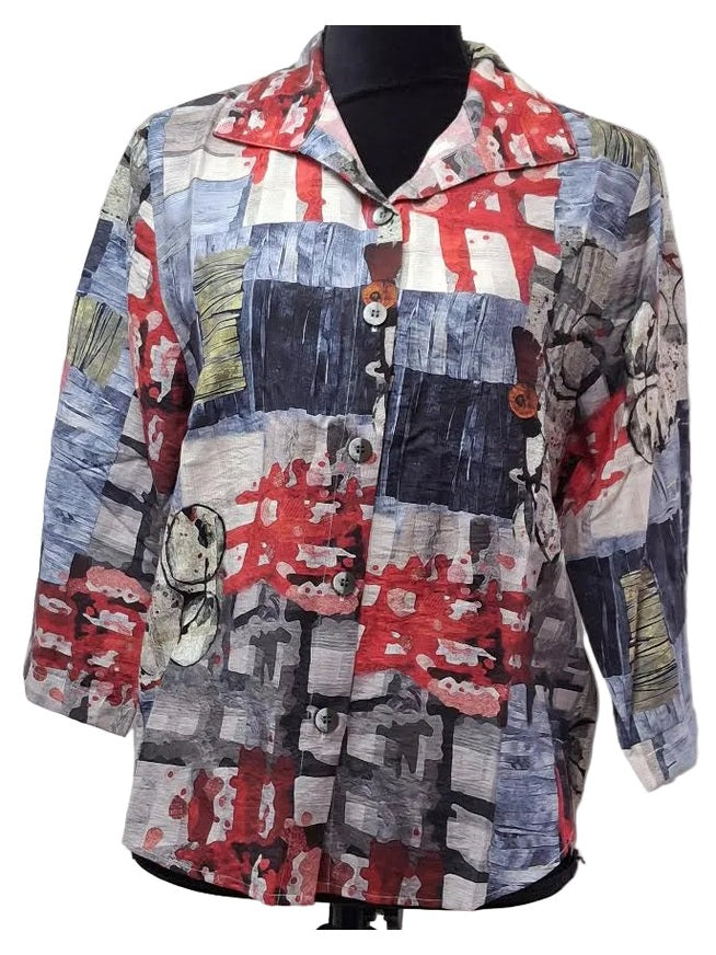 Shana-Shirt Button Front&nbsp; 3/4 Sleeve Red/Grey 26524