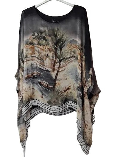 Marisima- Top Pullover Silk Abstract Black City Short Sleeve Women's One Size 1688BAC