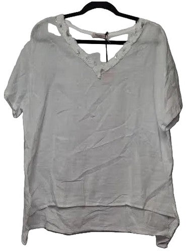 Top Pullover White/Silver Sequins V-Neck Short Sleeve Women's One Size 8161