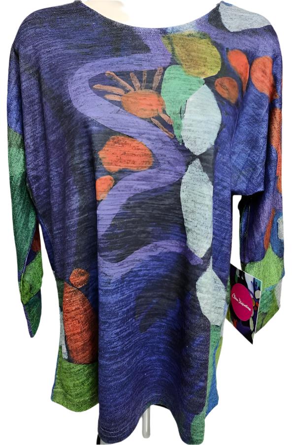 Top Knit Pullover 3/4 Sleeve Purple/Green Abstract Women's 91703 