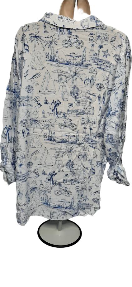 Shirt-Button Front-White/Blue Beach3/4 Sleeve-M23504bm 