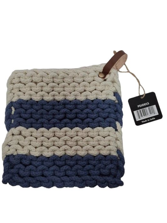 Trivet / Pot Holder With Leather Hanger  White/Blue Crocheted 8x8" PDJD015 