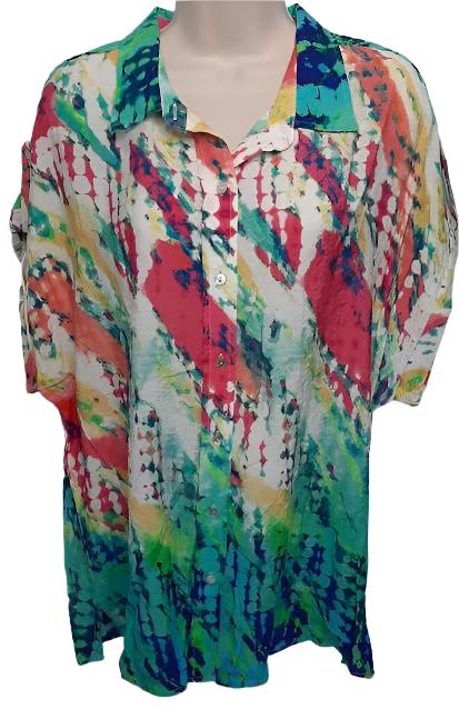 Shirt-Button Front-Muti Colored-Red/Green- Short Sleeve- Womens-M23105bm 