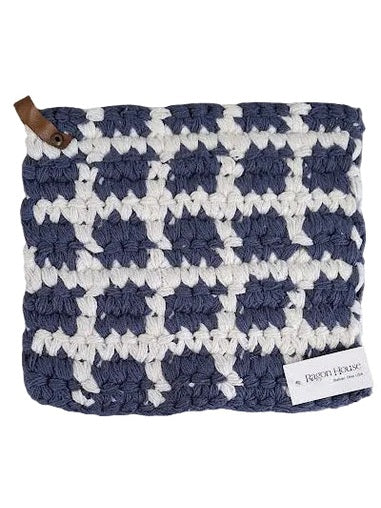 Pot Holder Blue/Cream Knit With Leather Hanger 8x8"&nbsp;