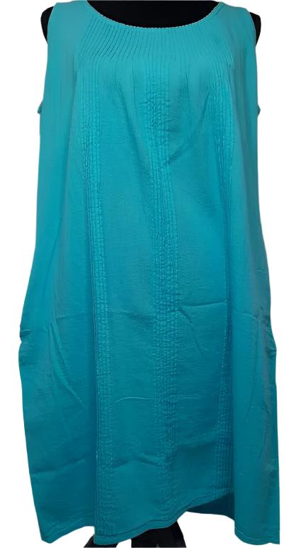 Dress-Short-Sleeveless With Pleats-2 Pockets-Turquoise-Women's-S1202 