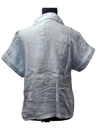 Shirt Sky Blue Linen Button Front Bow Tie Short Sleeve Women's 155113