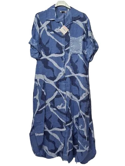 Marisima- Dress Button Down Front Linen Ocean Blue&nbsp; 1/4 Sleeve 3 Pocket Women's One Size 19083