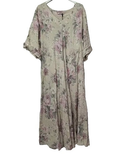 Marisima- Dress Pullover Linen Beige/Pink Floral 1/2 Sleeve 2 Pocket Women's One Size 99820F