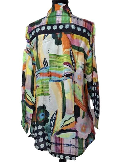 Shirt Button Front Long Sleeve Sheer Multi Colored Orange/Blue AAh6094
