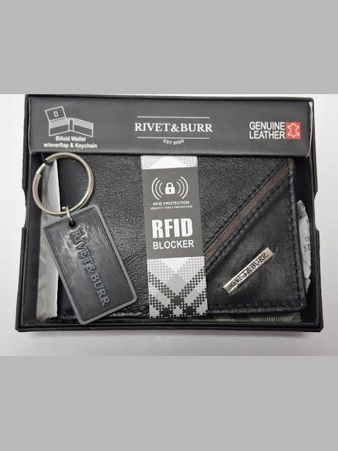 Wallet Bifold with Flap Over Includes Key Chain&nbsp; Black/Brown Stripe Leather Rbmwt29&nbsp;
