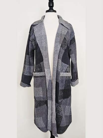 Jacket Long Open Front 2 Pocket  Black Plaid Long Sleeve Women's 526
