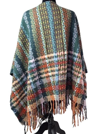 Wrap Pattern Loop Through /Fringe Knit Multi Teal Green Sh-4316TE