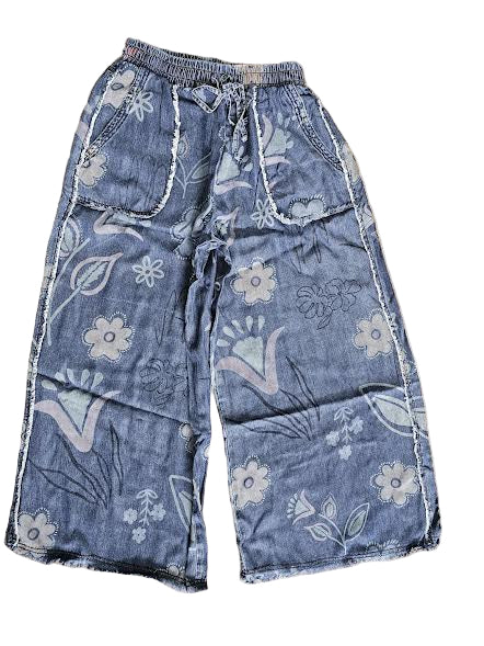 Pants Washed&nbsp; Denim Flower Print 2 pocket Draw String Wide Leg Fray&nbsp; Chambray &nbsp;EB56808