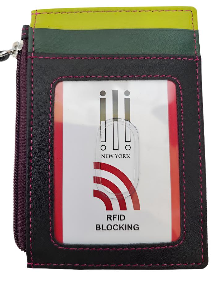 Card Holder Zip I.D. Card Case Forest Multi Leather RFID Blocking 7416 