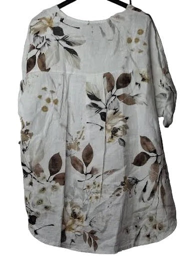 Marisima- Top Pullover Linen V-Neck White/Brown Floral Short Sleeve Women's One Size 42099