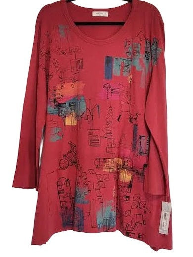 Jess &amp; Jane-Cs4-1510 Manhattan Burgandy Long Sleeve Tunic Top Women's