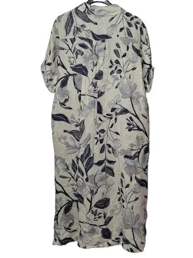 Marisima- Dress Button Down Front Linen Beige/Blue Floral 1/4 Sleeve 2 Pocket Women's One Size 55823