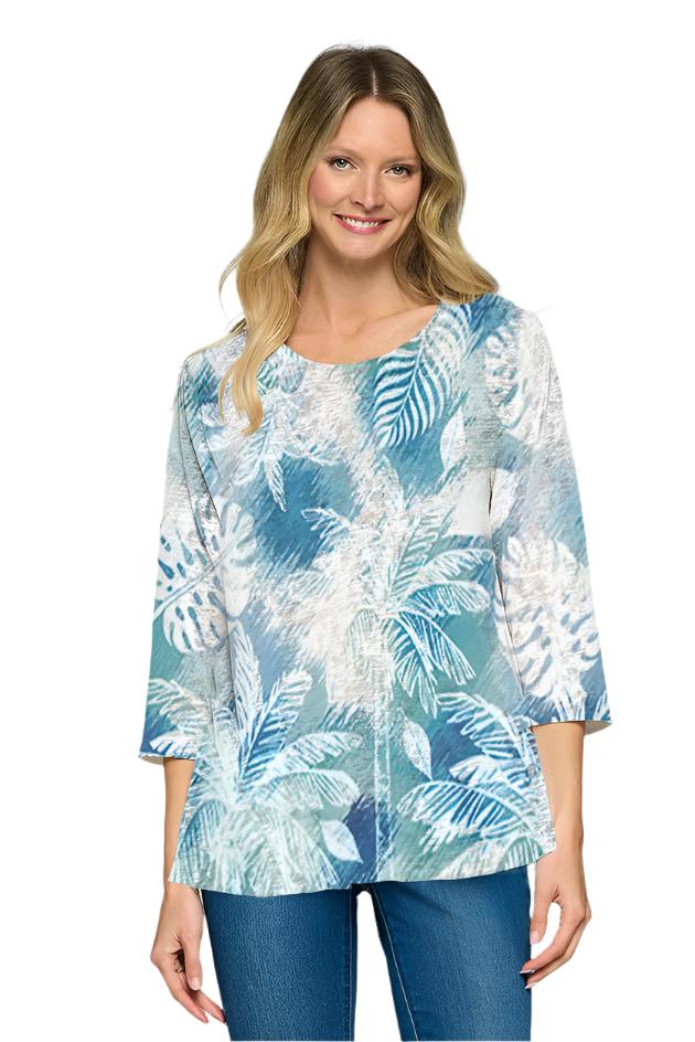 Shirt 3/4 Sleeve White/Blue Palm Leaves Honey c3140 968 