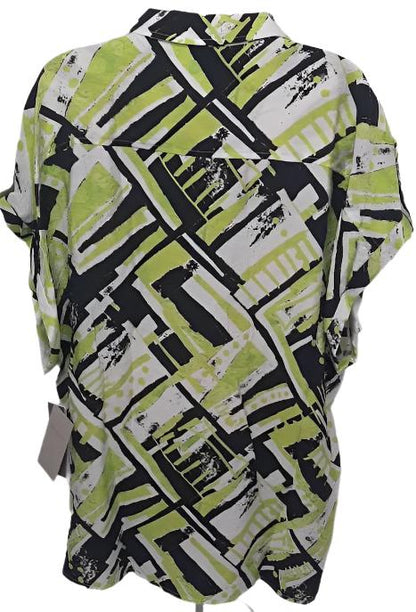 Shirt-Button Front-Muti Colored-Green/White/Black- Short Sleeve- Womens-M23105bm 