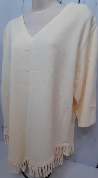 Shirt - V Neck - 3/4 Sleeve-Fringe-Cream-Women's-449 