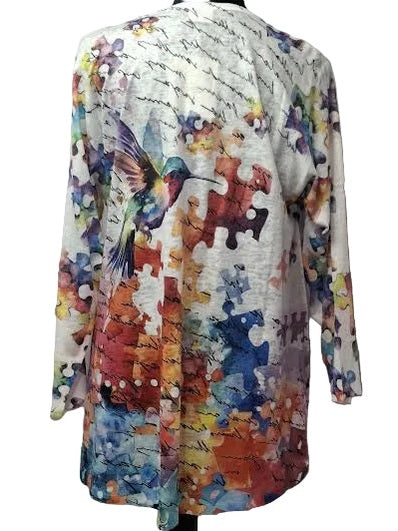 Shirt Pullover White Humming Bird Puzzle 3/4 Sleeve Honey C31401251