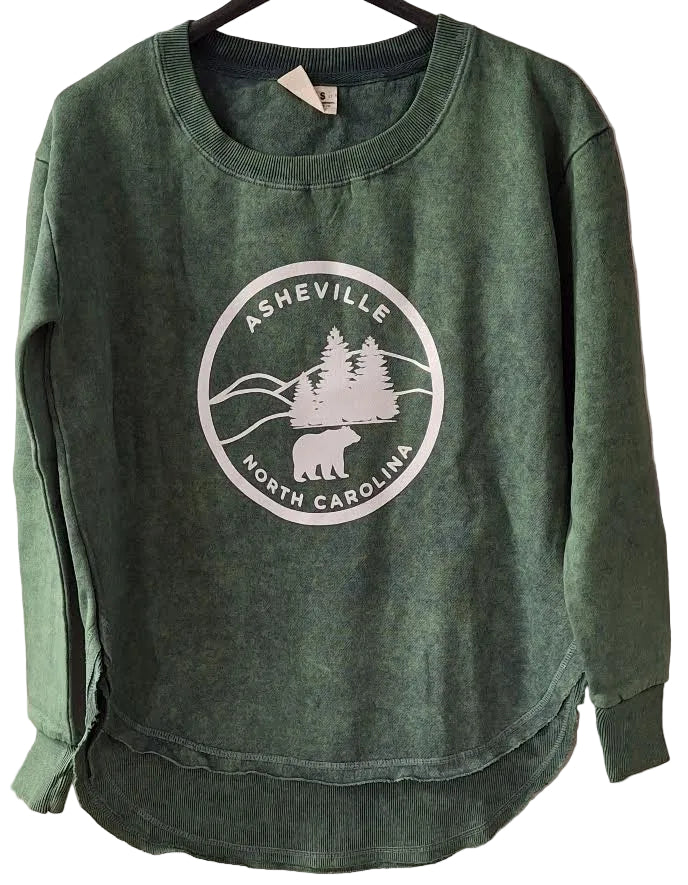 Sweatshirt Asheville Logo Sage Green Acid Wash Curved Hem Crewneck Women's 4617