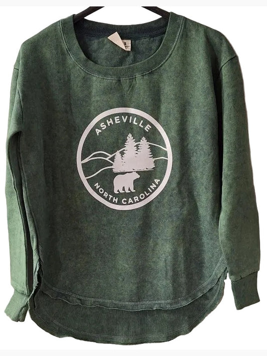 Sweatshirt Asheville Logo Sage Green Acid Wash Curved Hem Crewneck Women's 4617