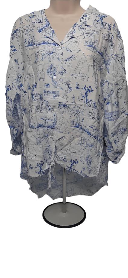 Shirt-Button Front-White/Blue Beach3/4 Sleeve-M23504bm 