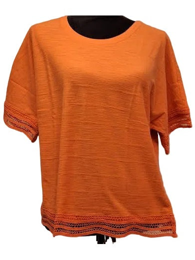 Shirt Pullover Crop Top Poppy Orange  1/4 Sleeve Button Laced Edges T11-Py
