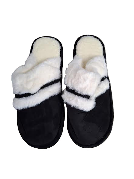 Slipper Black/White Open Back Fur Lined Zlm-T006