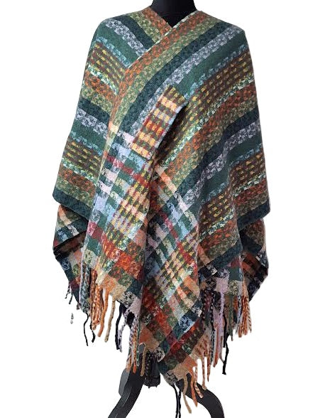 Wrap Pattern Loop Through /Fringe Knit Multi Teal Green Sh-4316TE