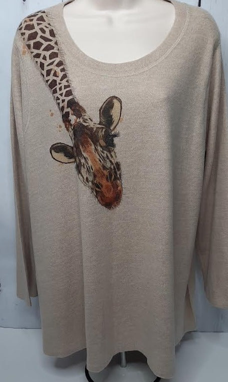 Shirt  Pullover  Biege Giraffe Long Sleeve Women's-T515bM 