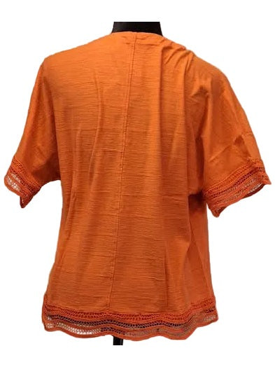 Shirt Pullover Crop Top Poppy Orange  1/4 Sleeve Button Laced Edges T11-Py