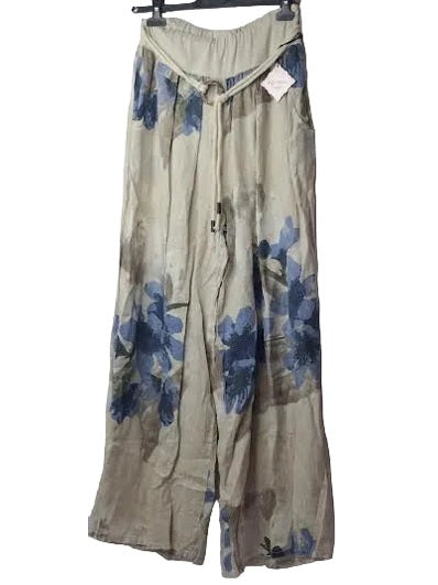 Pants Oatmeal Floral 2 Pocket Rope Draw String Wide Leg Women's One Size 99917O