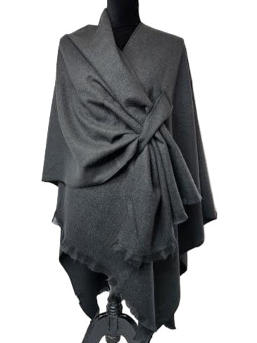 Wrap Cozy Solid Loop Through Ruana /Fringe Knit Black Ba3553
