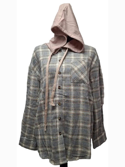 Hoodie Shirt GreyPlaid Button Front 1 Pocket Long Sleeve Women's RTGPHS