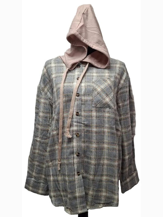 Hoodie Shirt GreyPlaid Button Front 1 Pocket Long Sleeve Women's RTGPHS