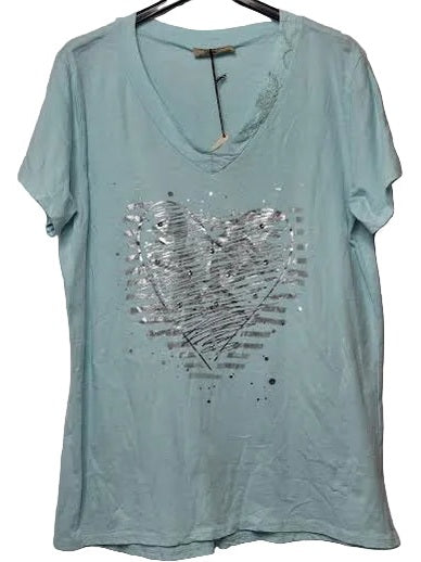 Marisima- Top Pullover Aqua Silve Heart/Silver Sequins V-Neck Short Sleeve Women's One Size 42102