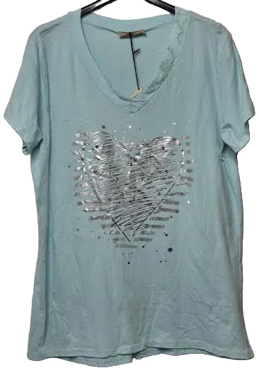 Marisima- Top Pullover Aqua Silve Heart/Silver Sequins V-Neck Short Sleeve Women's One Size 42102