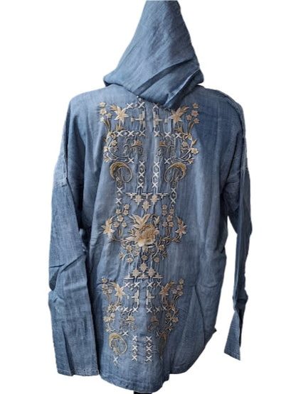 Hoodie Madi Pull Over Blue Embroidered Floral 2Pocket Long Sleeve Women's Kyvk313