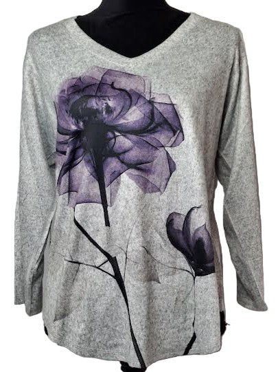 Shirt Pullover Grey Purple Flower Long Sleeve V Neck Women's&nbsp; H3063686