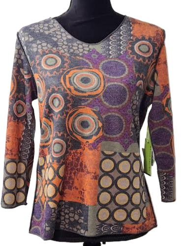 Shirt Reversible V-Neck Long Sleeve Orange Multi Colored Women's tt1191