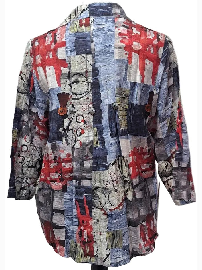 Shana-Shirt Button Front&nbsp; 3/4 Sleeve Red/Grey 26524