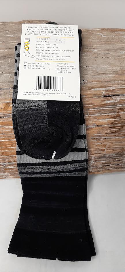 Black/Grey Stripe-Compression Sock-M 9-12-Think Medical 