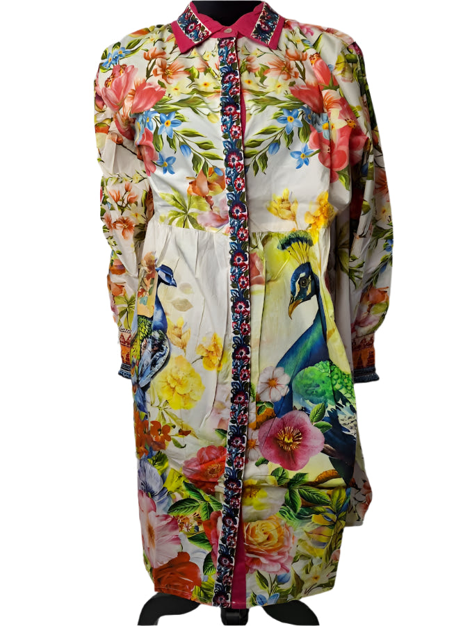Dress Button Front Long Sleeve Sleeve Multi Colored White Peacock AAh5990 