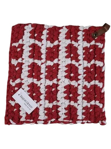 Pot Holder Red/Cream Knit With Leather Hanger 8x8"