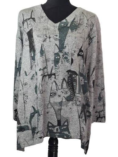 Sweater Grey Cats Pullover Long Sleeve V-Neck Women's 25703